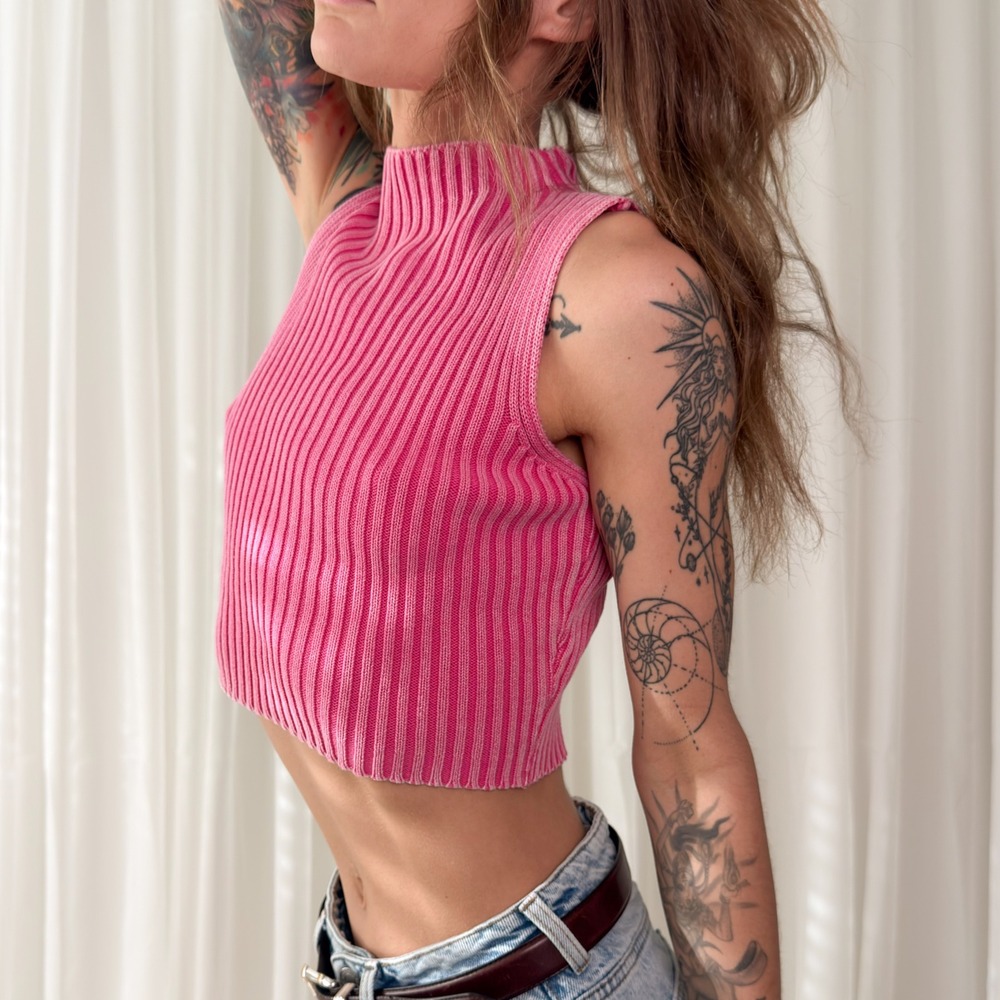The Workshop Pink Ribbed Knit Mock Neck Crop Top Sleeveless Cotton TW1297 L